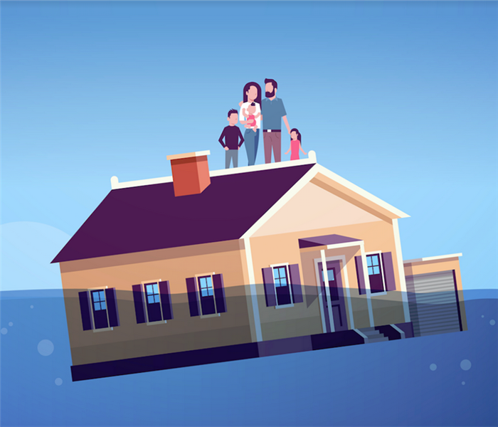 a floating house with a family on top